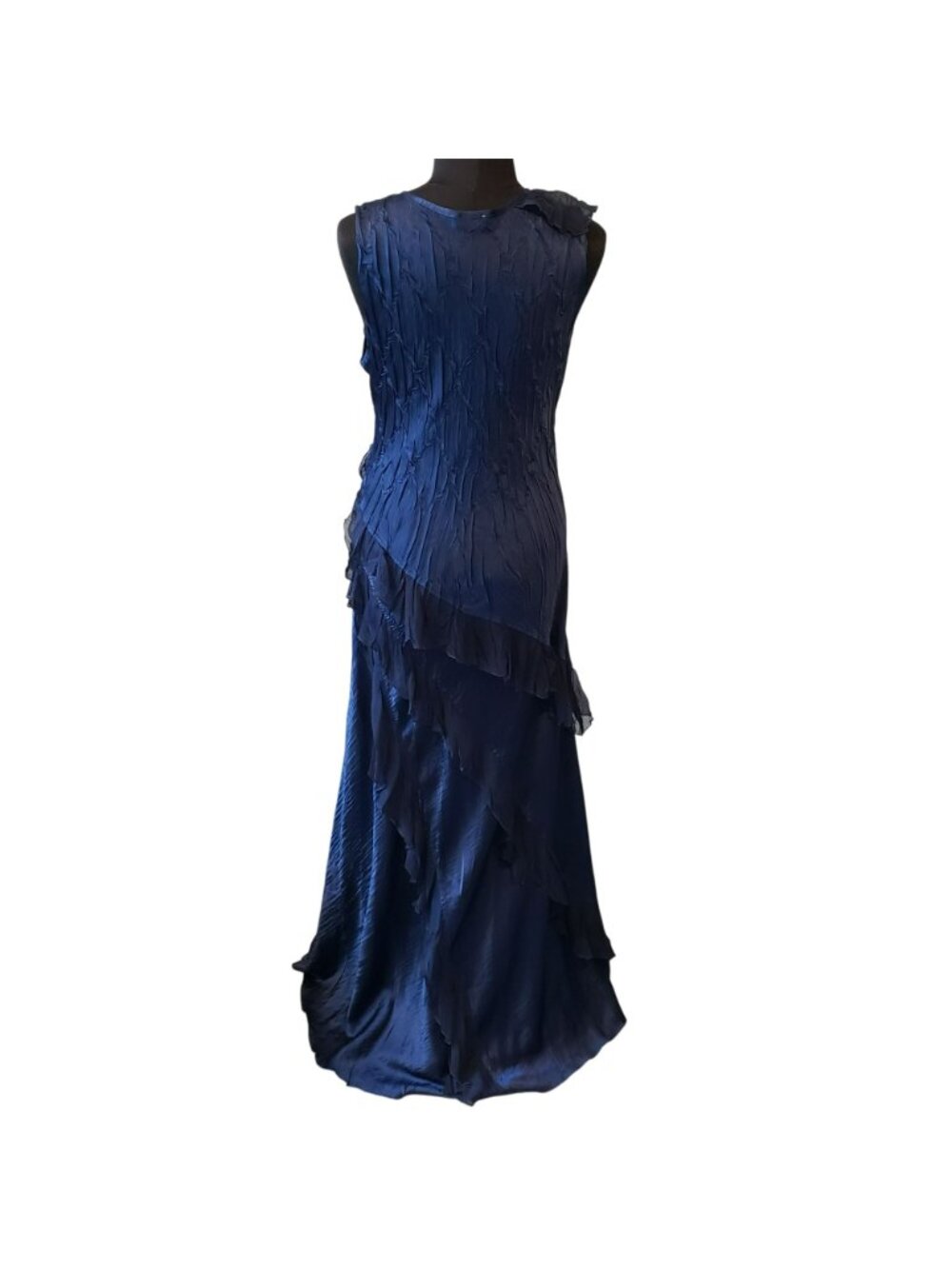 Komarov Blue Sleeveless Maxi Dress Rosette Asymmetrical Ruffles 90s Whimsigoth - Picture 6 of 16